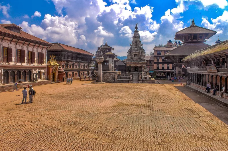 Temple and traditional brick buildings at Bhaktapur Durbar Square