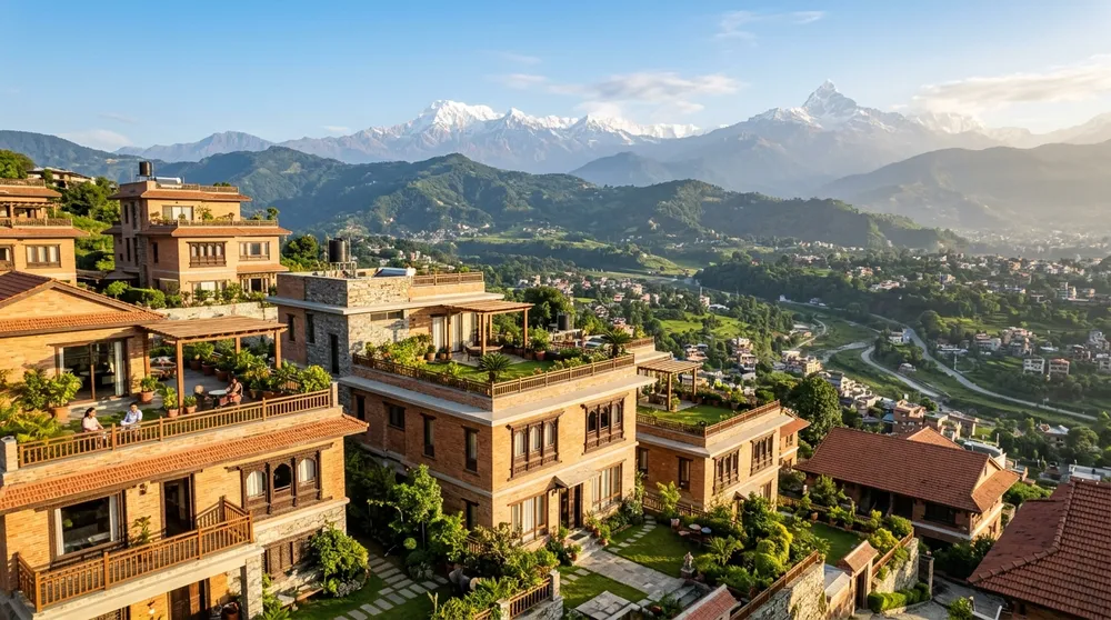 Scenic residential homes and villas across Kathmandu Valley and Bhaktapur with Himalayan mountain peaks